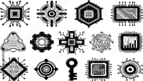 Digital Hardware Symbols: Set of 12 Black and White CPU Illustrations.