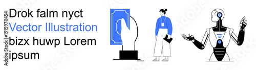 AI innovation, user interaction, payment systems, futuristic technology, automation, tech design. ion of a robot, person and digital payment display. AI innovation and user interaction