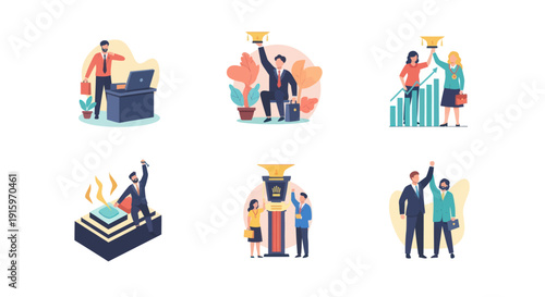 Business success and teamwork concept with businesspeople celebrating achievements and holding trophies, ideal for corporate and motivation projects