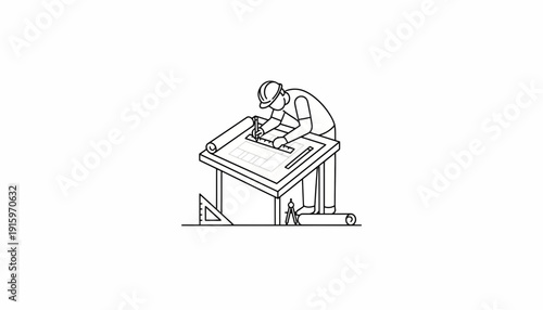 Architect drawing blueprints on drafting table with tools, isometric view
