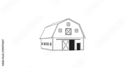 Barn Outline Drawing, Rustic Farm Building, Agricultural Structure, Countryside Scene