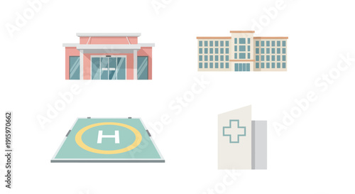 Medical building icons set with hospital facade, emergency helipad, and healthcare center symbols, ideal for health and wellness projects