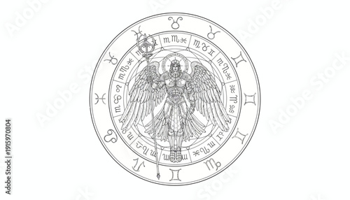 Astrological Zodiac Wheel with Angelic Figure and Celestial Symbols