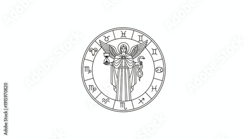 Astrology Angel with Zodiac Symbols and Hourglass