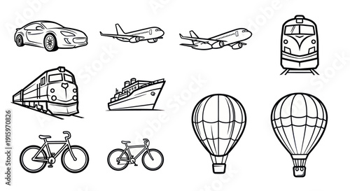 Set of black and white outline icons of various transport vehicles including cars, airplanes, trains, ships, bicycles, and hot air balloons for travel and transportation projects