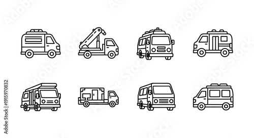 Set of black line icons of different camper vans and motorhomes, RVs and caravans, perfect for travel and camping design projects