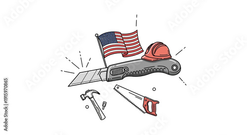 American Labor Day: Tools, Flag, Hard Hat - Symbolizing Construction and Work