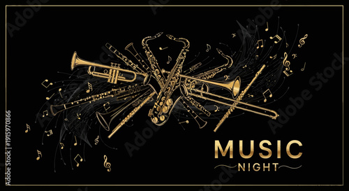 Elegant Music Night: Golden Instruments and Notes on Black Background