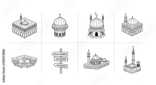 Set of detailed Islamic mosque icons and Hajj season signpost illustrations in line art style perfect for religious and cultural designs