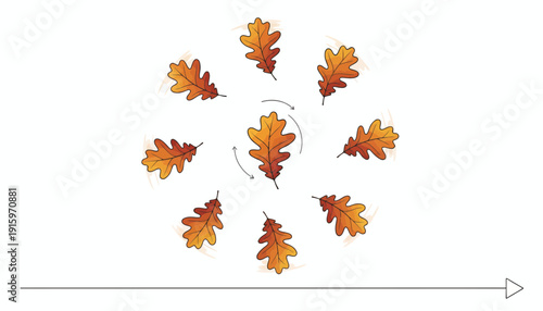 Autumn Oak Leaves Rotating in Circle, Fall Season Concept, Motion Blur Effect
