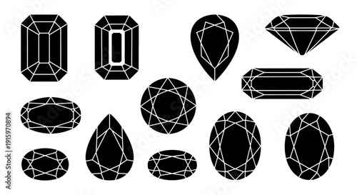 Gemstone Cuts Collection Black Icons Set Vector Illustration