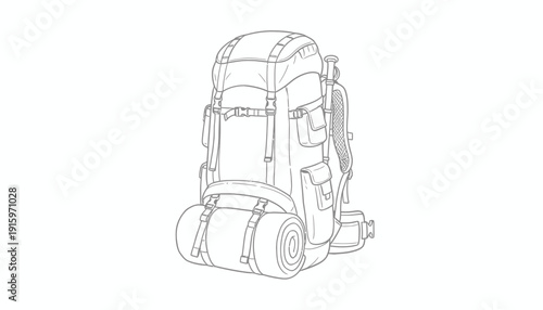 Backpacking Gear: Detailed Outline Illustration of a Large Hiking Backpack with Sleeping Bag