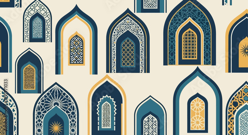 Islamic Archways Pattern: Traditional Geometric Windows in Blue, Gold, and Teal