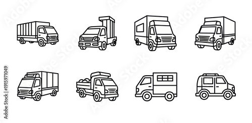 Set of eight hand-drawn black and white delivery and utility trucks, vans, and cargo vehicles illustrations, ideal for logistics and transportation design projects