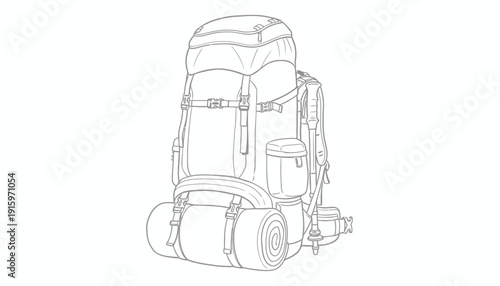 Backpacking Gear Line Drawing: Large Backpack with Sleeping Bag and Mat