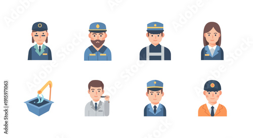 Set of factory and industrial worker icons in uniforms with safety hats and equipment, perfect for business and workplace illustrations