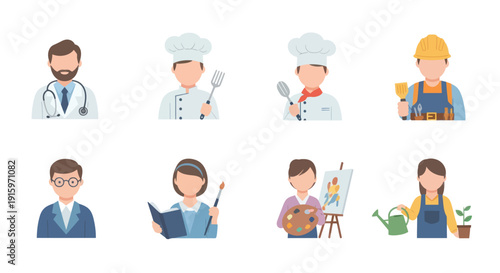 Set of flat style icons representing various professions including doctor, chefs, construction worker, teacher, artist, and gardener for career or education design