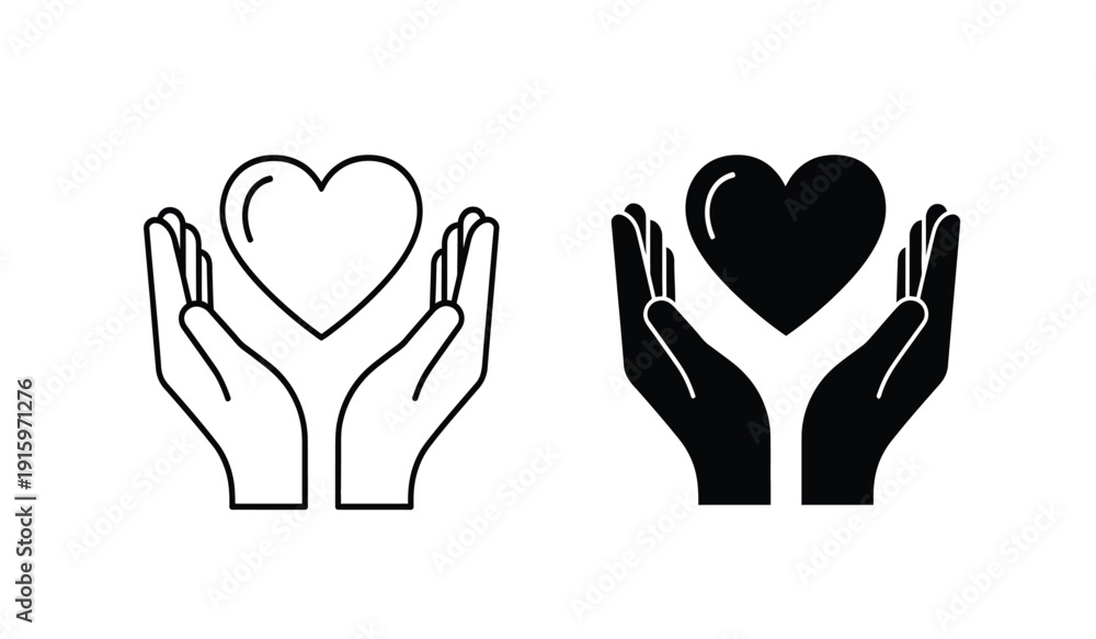 Obraz premium Vector illustration of hands holding hearts in black and white line art style for love and care symbol