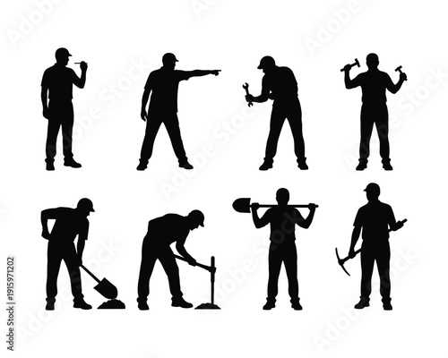Silhouette of construction workers in various poses and actions