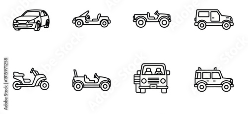 Set of simple black line icons with different car and off-road vehicle designs, ideal for transport and automotive projects