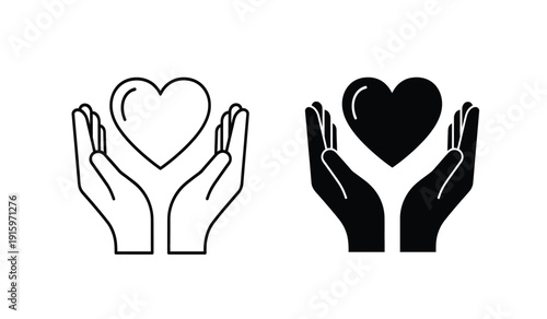 Vector illustration of hands holding hearts in black and white line art style for love and care symbol