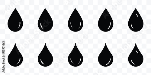 Water or rain drops shape icons set. Blood or oil drop. Droplet sign. Tear and oil isolated symbol. eps 10