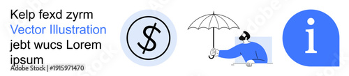 Financial planning, protection services, data security, insurance concepts, monetary guidance, resource access. Dollar sign, umbrella figure and info symbol. Financial planning and protection