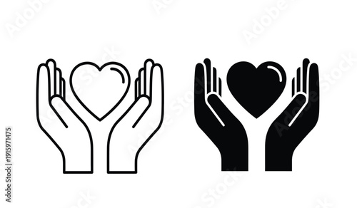 Black and white line art of hands holding hearts symbolizing love and care on a pure
