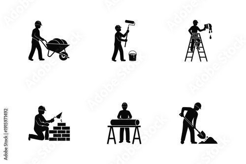 Construction worker silhouettes engaged in various tasks