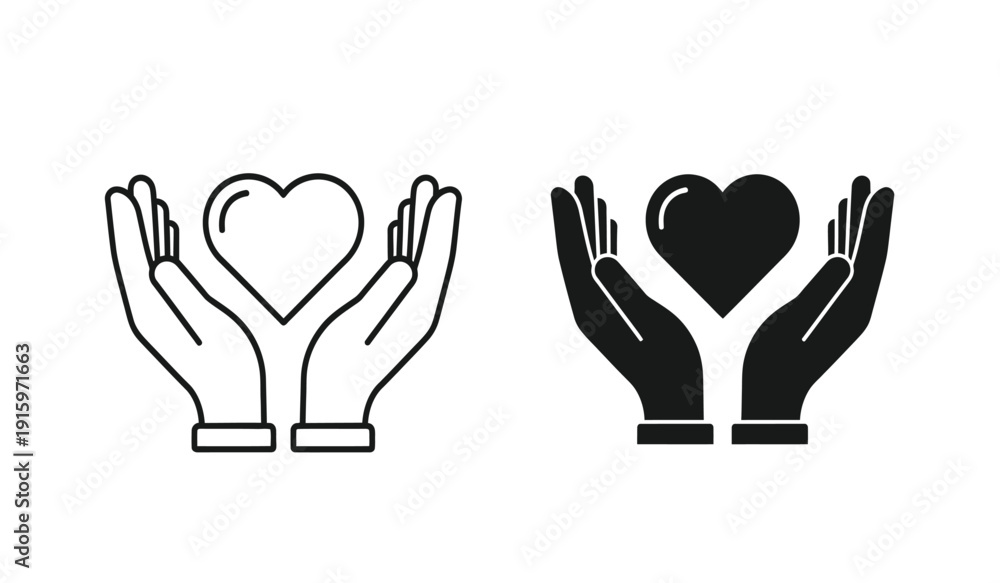 Obraz premium Black and white line art icons of hands holding hearts in different colors
