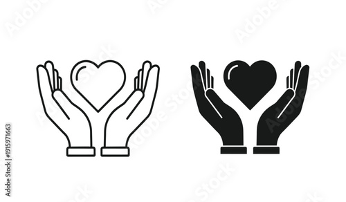 Black and white line art icons of hands holding hearts in different colors
