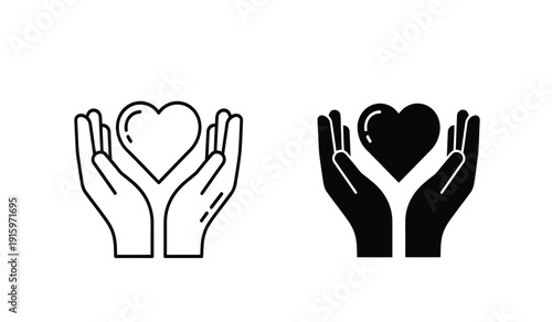 Black and white hand holding heart icons in line art and solid style for charity or love concepts