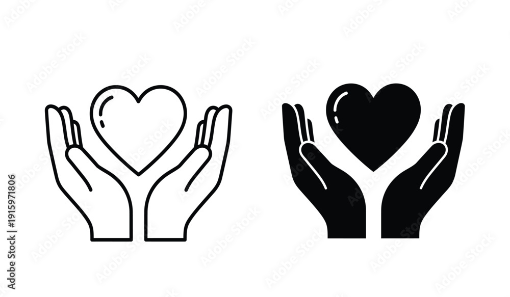 Obraz premium Two hands holding heart shapes in black and white line art style for love and care symbol