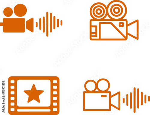 Set of Four Orange Video and Audio Icons Featuring Cameras, Film Reels, and Sound Waves