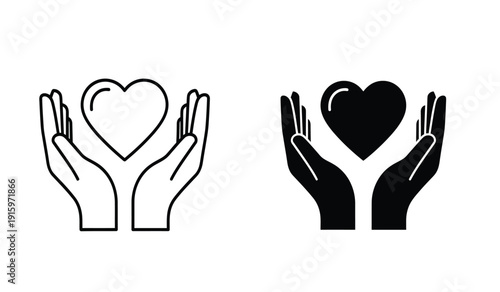 Black and white hand holding heart icons in line art and solid fill styles for love and care concepts
