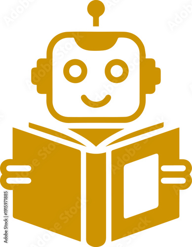 A cute golden robot with headphones happily reading an open book with a white page