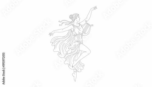 Elegant Greek Muse Dancing with Lyre, Classical Art Illustration