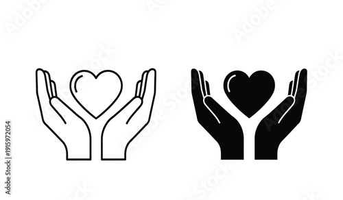 Black and white line art of two hands holding a heart symbol