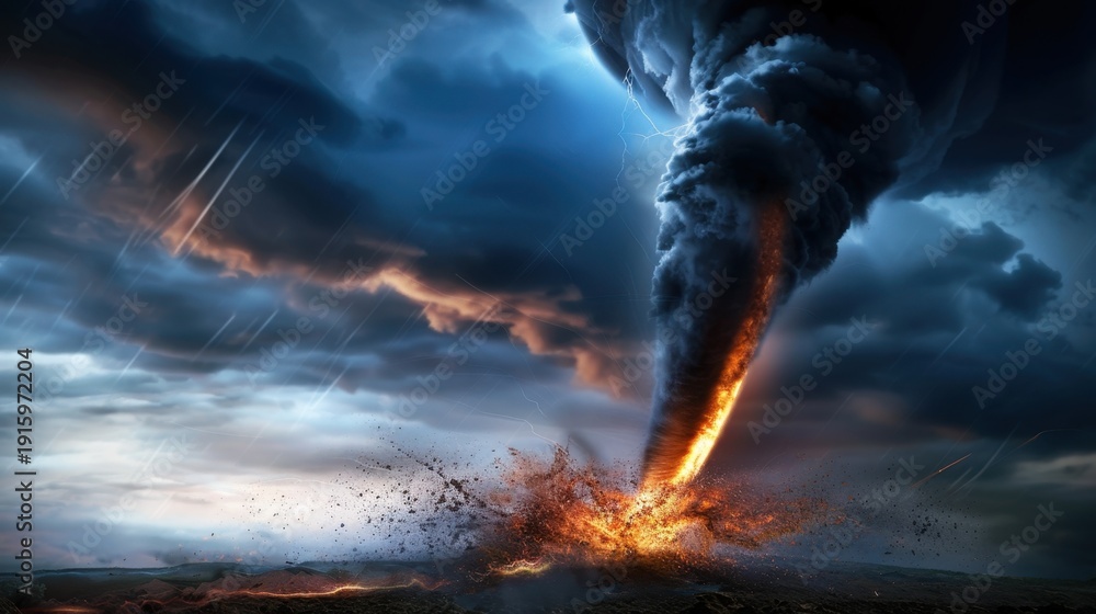 Obraz premium Dramatic Tornado Touching Down with Explosive Energy and Dark Storm Clouds Above