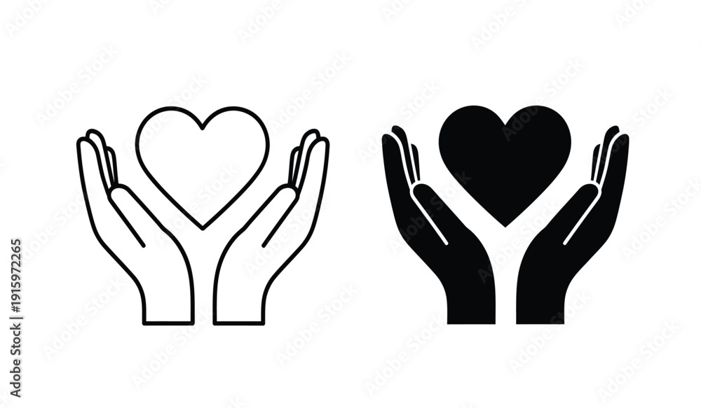 Obraz premium Black and white line icons of hands holding heart shapes in a symbolic gesture of love and care