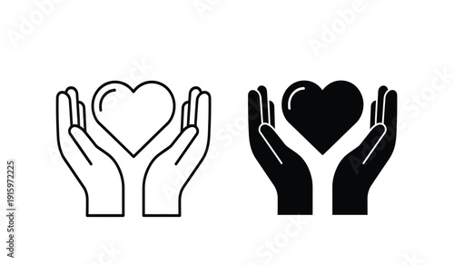 Black and white line and solid heart hands up icons set for charity and love concepts