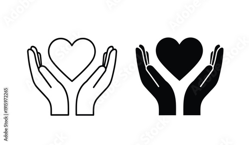 Black and white line icons of hands holding heart shapes in a symbolic gesture of love and care