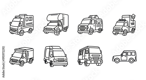 Hand-drawn line art of various vans and trucks including delivery, camper, and utility vehicles perfect for transport and logistics design projects