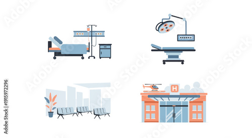 Hospital interior and exterior vector illustrations including patient bed with IV, operating room with light, waiting area with chairs, and hospital entrance with helicopter pad