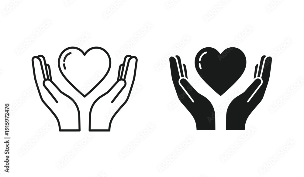 Obraz premium Black and white hand holding heart symbols in line art and solid fill styles