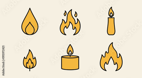 Set of Simple Flame and Candle Icons, Yellow and Orange Colors, Minimalist Design