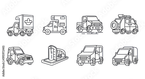 Set of black and white line art delivery and utility vehicles with map location pin, icons for logistics, travel, and transportation design