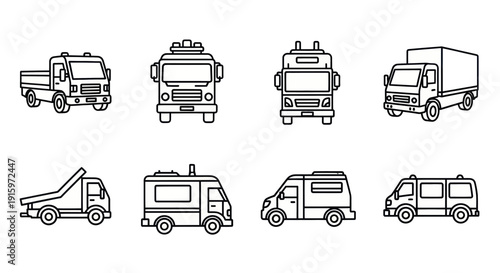 Set of black and white line art various trucks and vans icons including pickup, fire truck, delivery, tow truck, ambulance, cargo van, and passenger van illustrations