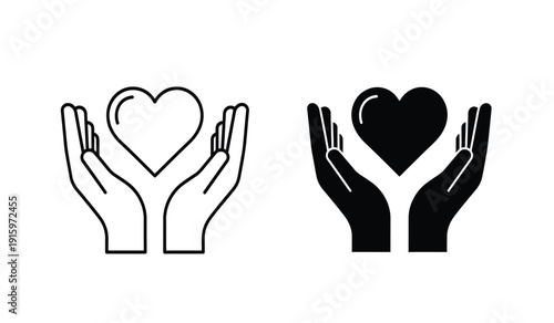 Black and white hand holding heart icons in line art and solid style for charity or love concepts