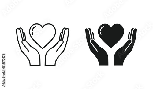 Black and white hand holding heart symbols in line art and solid fill styles
